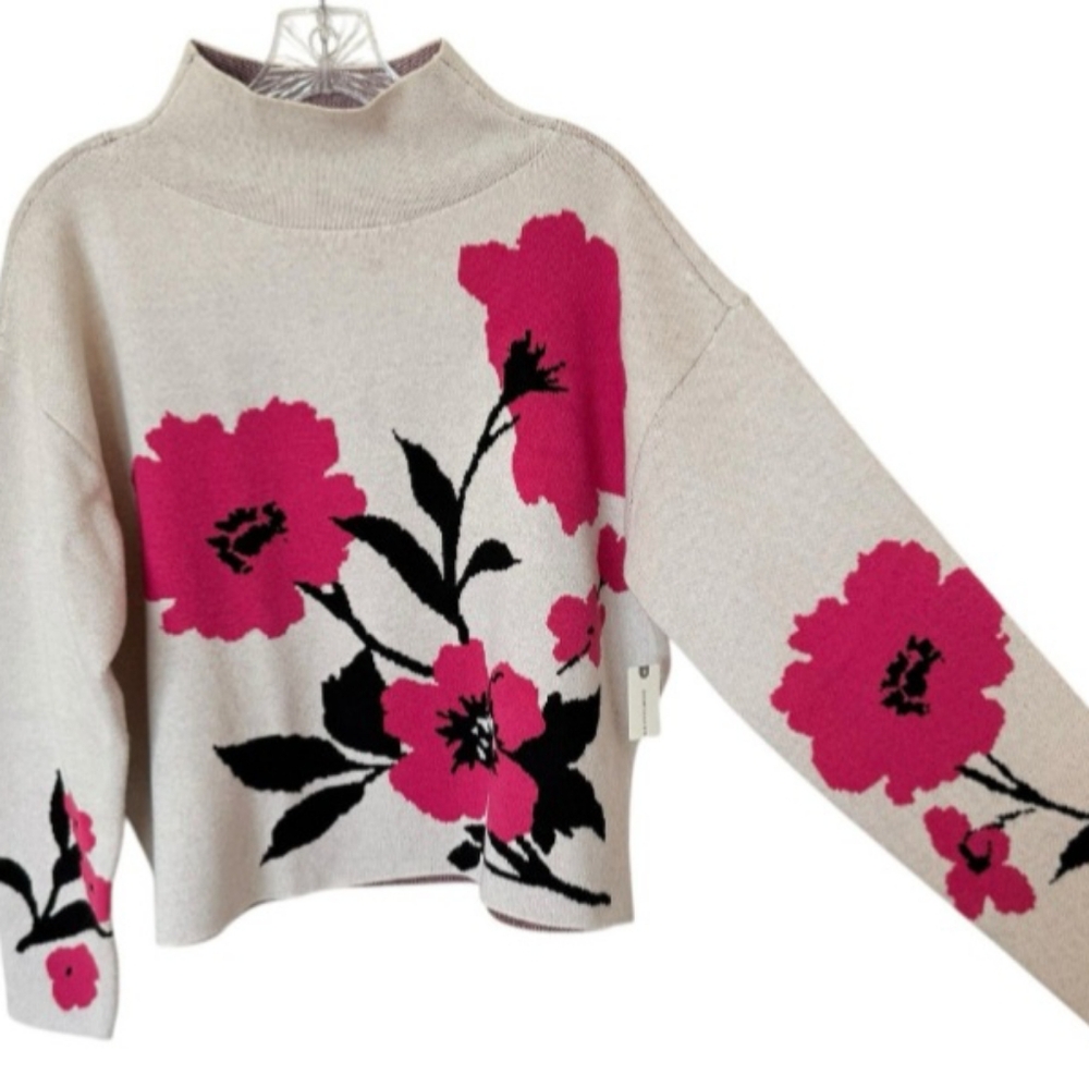 NWT Anthropologie Carys Maeve Hot Pink Floral Mock Neck Long Sleeve Knit Top M